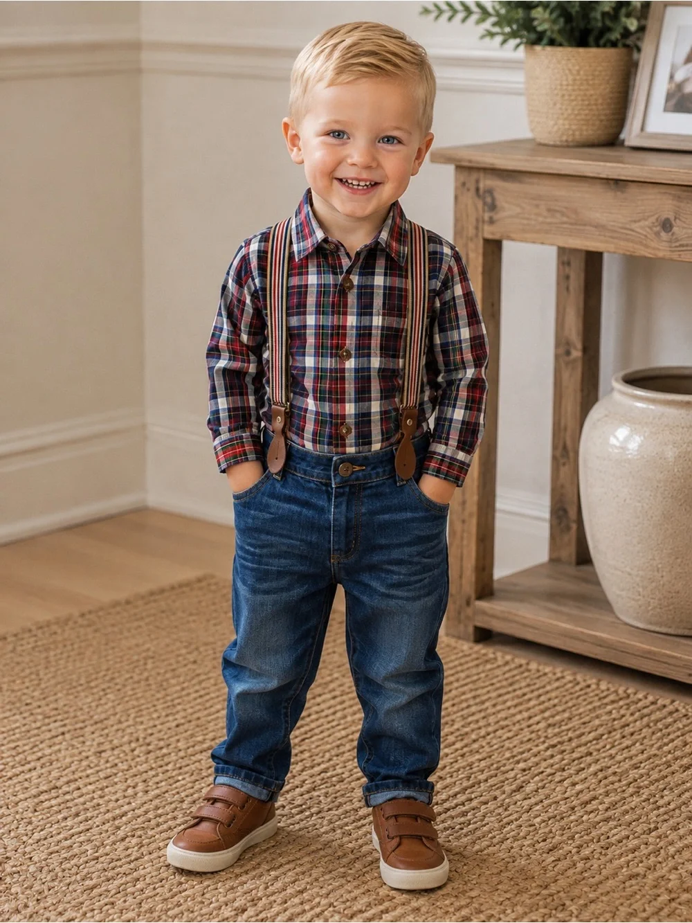 2-3T Boys Plaid Button-Up Shirt with Denim Jeans and Brown Sneakers New